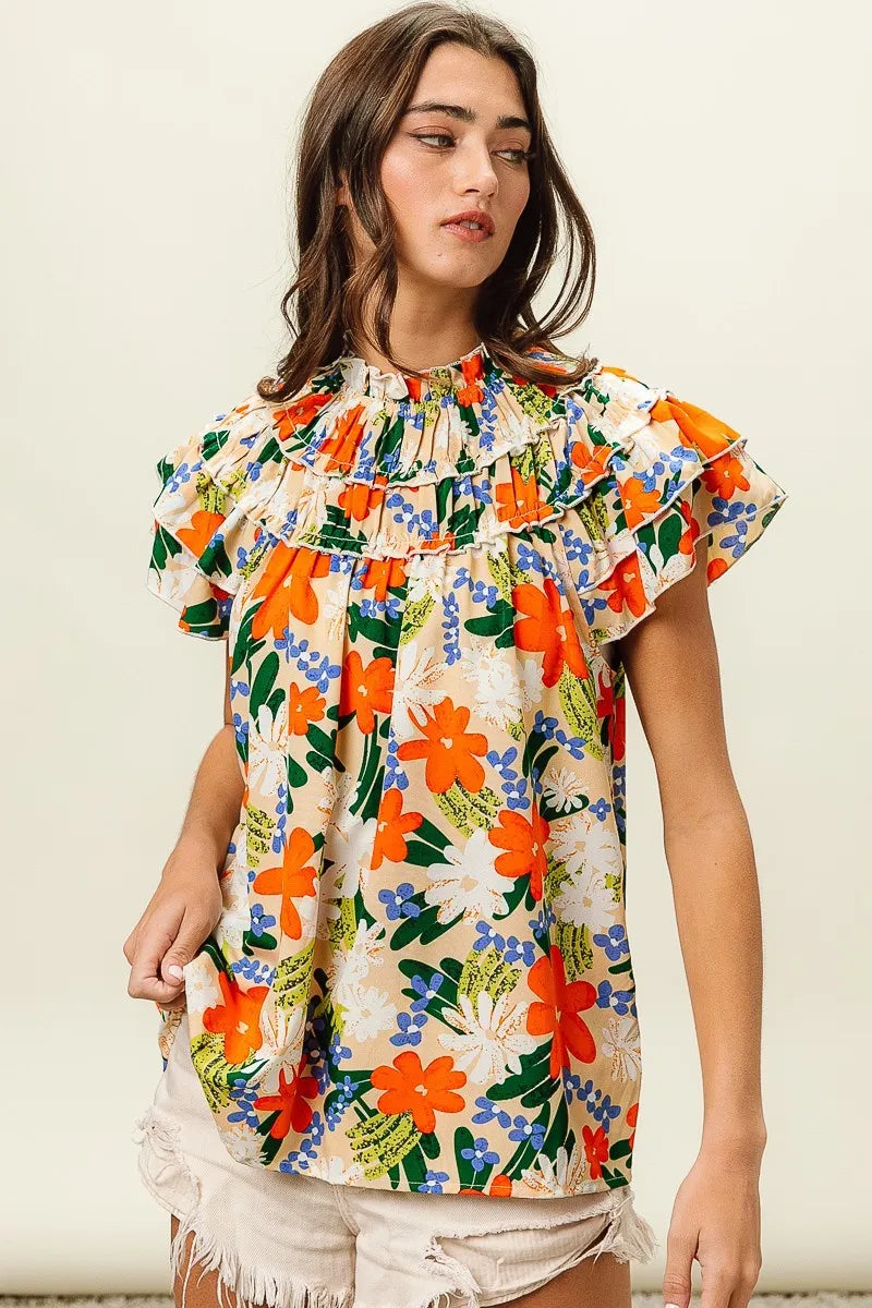 BiBi Women's Floral Print Woven Blouse - Casual Short Sleeve Summer Tops for Beach, Vacation & Everyday Wear