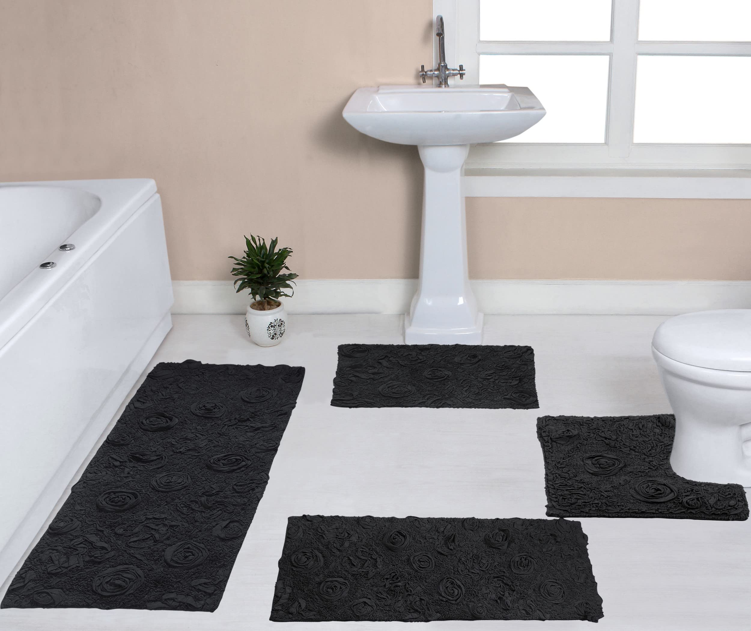 Premium 100% Cotton Bath Rug Set - Super Soft & Absorbent Non-Slip Bathroom Mats with Runner (4-Piece, Gray) - Washable for Bathroom, Kitchen & Entryway Use