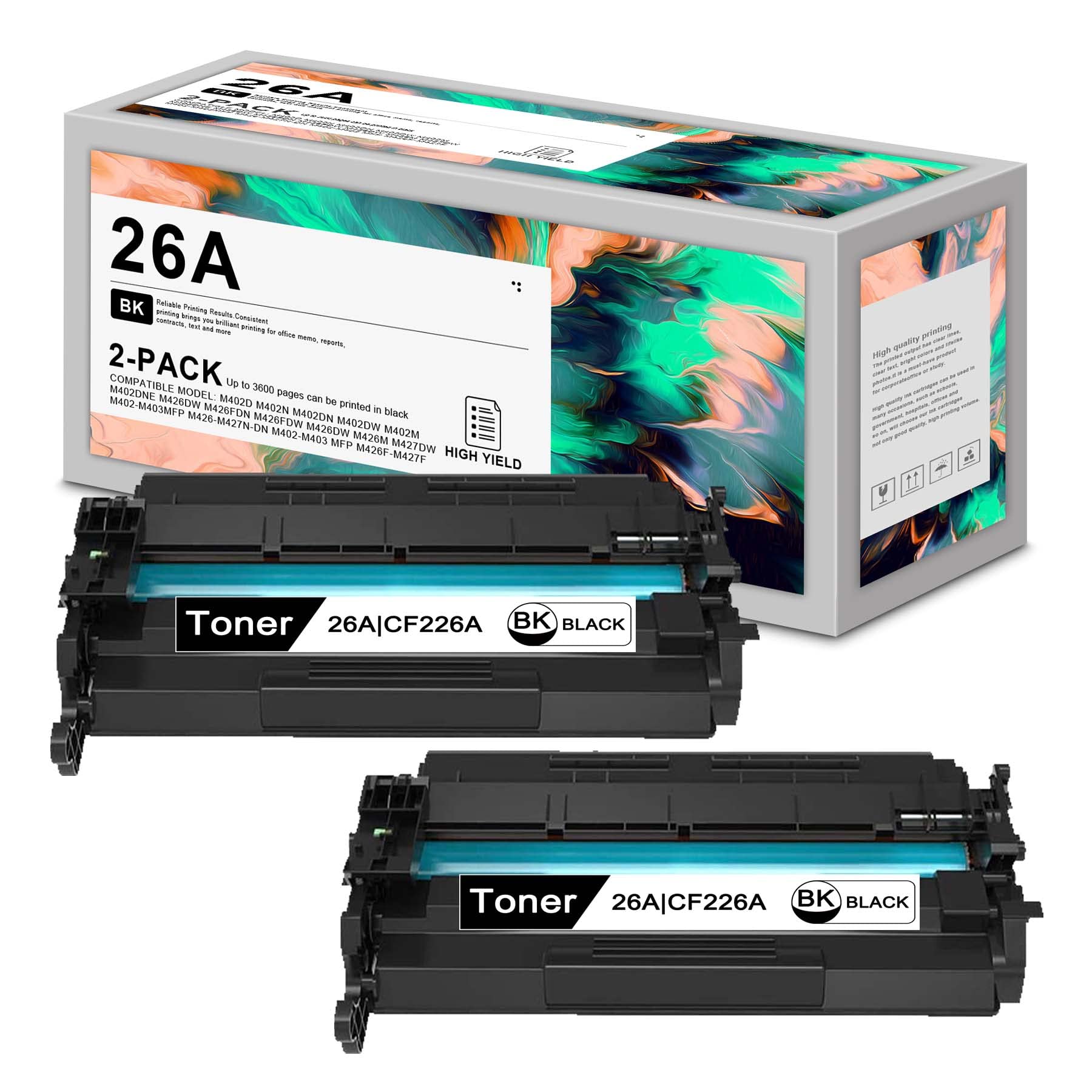 2-Pack Black 26A/CF226A Compatible Toner Cartridge Replacement for HP M402d M402n M402dn M402dw M402dne M426m M427dw M402-M403MFP M402-M403 M426f-M427f Printers - High Yield Printing for Office & Home Use