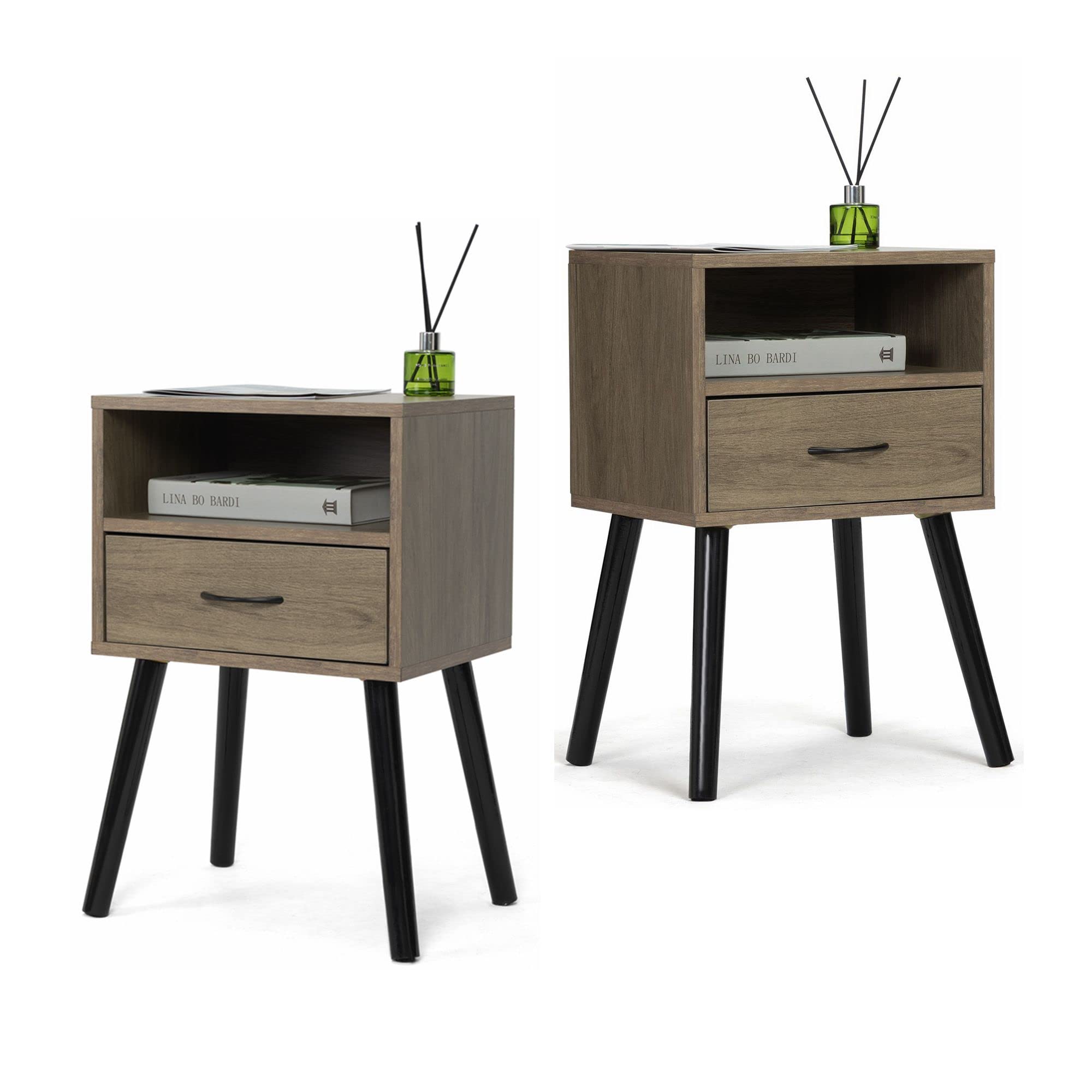 Set of 2 Mid Century Modern Nightstands - Wooden Bedside Tables with Open Shelf & Drawer - Rustic Gray Brown & Black Finish - Perfect for Bedroom, Guest Room or Dorm Decor