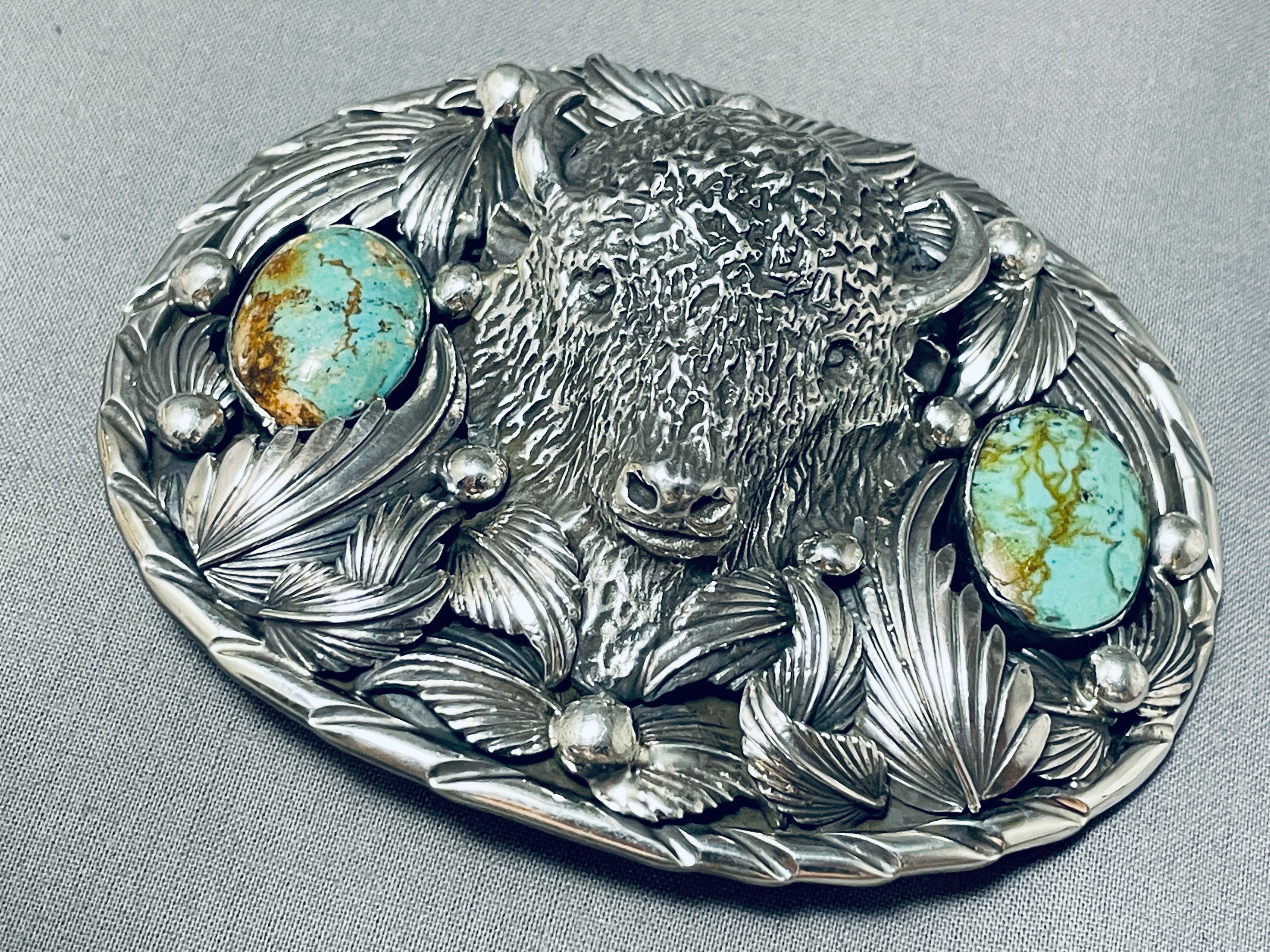 Authentic 166g Buffalo Head Native American Turquoise Sterling Silver Belt Buckle - Handcrafted Jewelry for Western Fashion & Native American Style Accessories