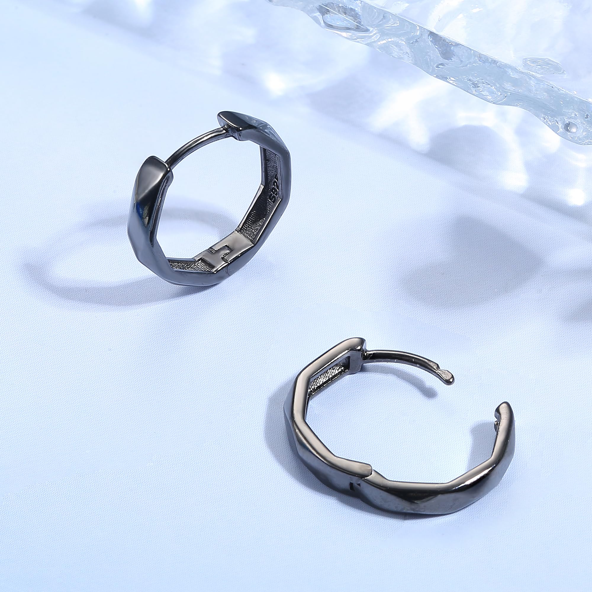 KRFY 925 Sterling Silver Small Lightweight Hoop Earrings for Men & Women - High Polished Rhombus-Cut Huggie Sleep Earrings (10mm Inner Diameter) | Perfect for Everyday Wear, Gifts & Night Out Accessories