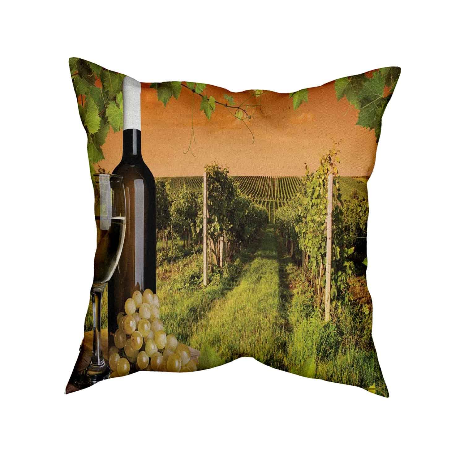 18x18 Inch Wine Bottle & Vineyard Sunset Throw Pillow Covers - Decorative Cushion Cases for Living Room, Bedroom & Sofa - Romantic Countryside Evening Scene in Green & Orange