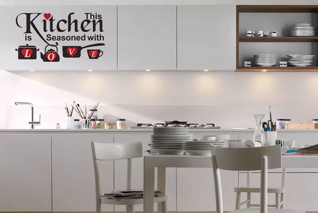 Kitchen Wall Decals - Family Love Quotes Vinyl Stickers, 'This Kitchen is Seasoned with Love' Wall Art for Dining Room, Restaurant & Cafe Decor