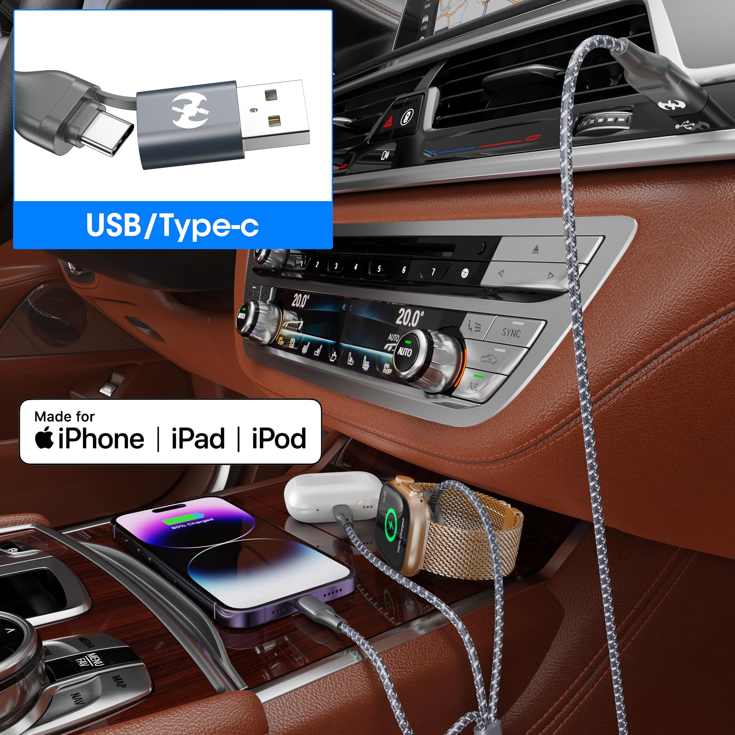 6-in-1 Multi Charging Cable for Apple Watch/iPhone/Android - 4FT Nylon Braided USB C to Lightning & Magnetic Wireless Charger | Compatible with iWatch Series 1-8, iPhone 14/13/12, Samsung Galaxy | Perfect for Travel, Office & Home Charging