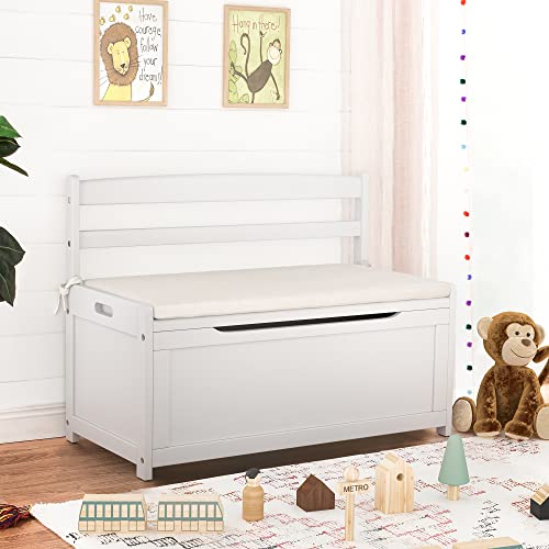 **Curipeer White Rubber Wood Toy Storage Box for Kids - Large Toy Chest with Cushion Seat Bench, Flip-Top Lid & Safety Hinges - Nursery & Playroom Organizer for Boys & Girls - Perfect for Storing Toys, Books & Blankets**