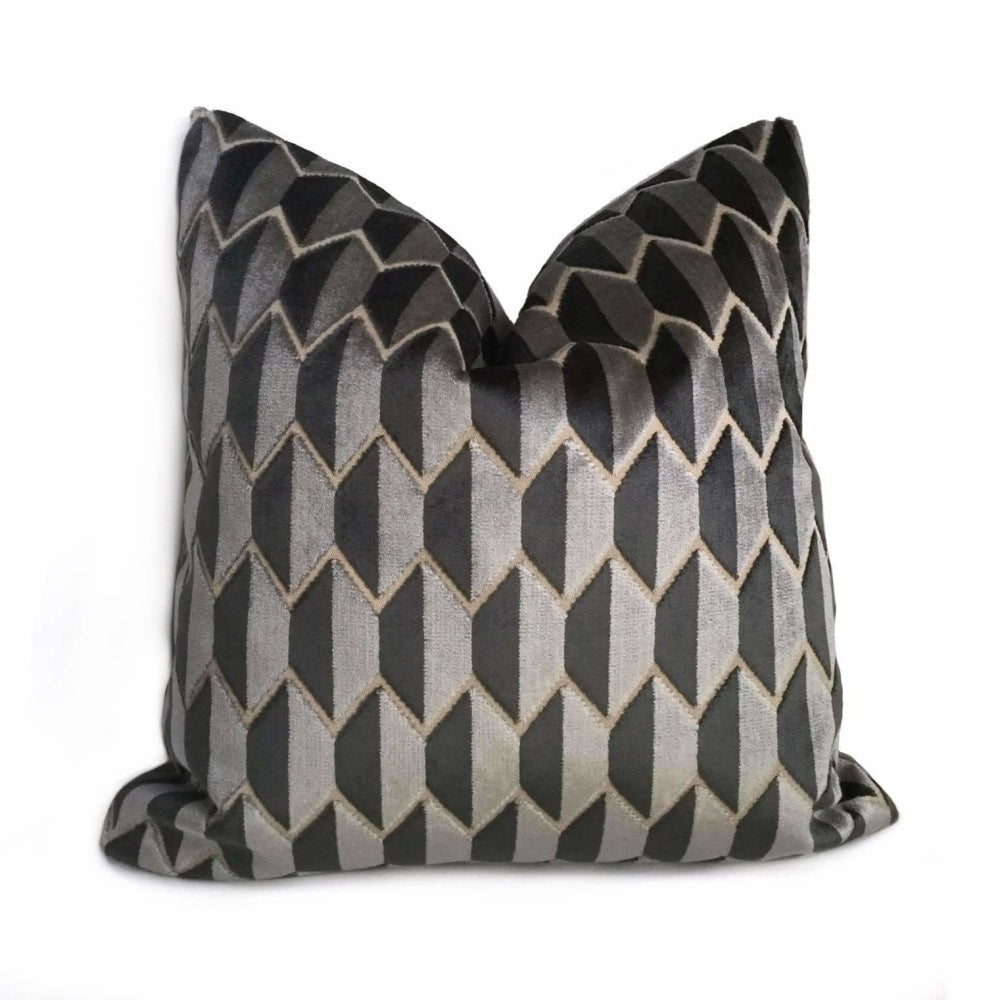 Robert Allen Alessio Geometric Gray Black Velvet Pillow Cover - Modern Home Decor for Living Room, Bedroom & Sofa - Soft Luxury Throw Pillow Case 18x18 Inches