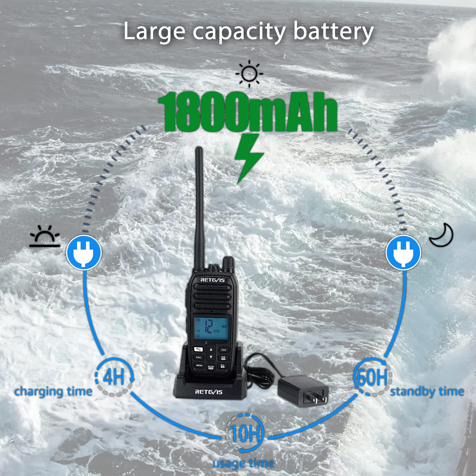 Retevis RM21 Waterproof Floating Handheld Marine VHF Radio - IP67 Submersible, Noise Cancelling, 1800mAh Battery, LCD Backlit Display, NOAA Weather Alerts - Perfect for Boating, Fishing & Marine Construction Safety