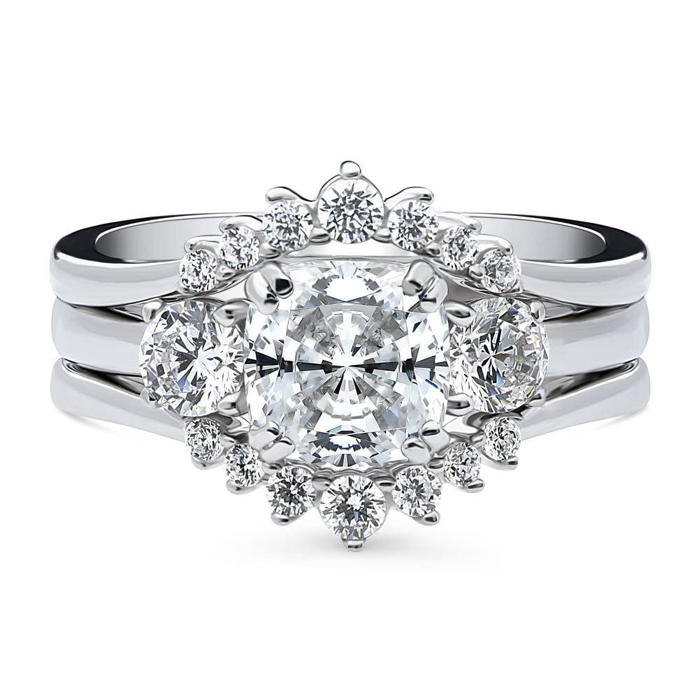 BERRICLE Sterling Silver 3-Stone Wedding & Engagement Ring Set - 2 Carat Cushion Cut Cubic Zirconia CZ Wishbone Design for Women, Rhodium Plated Size 4-10 - Perfect for Proposals, Anniversaries & Special Occasions