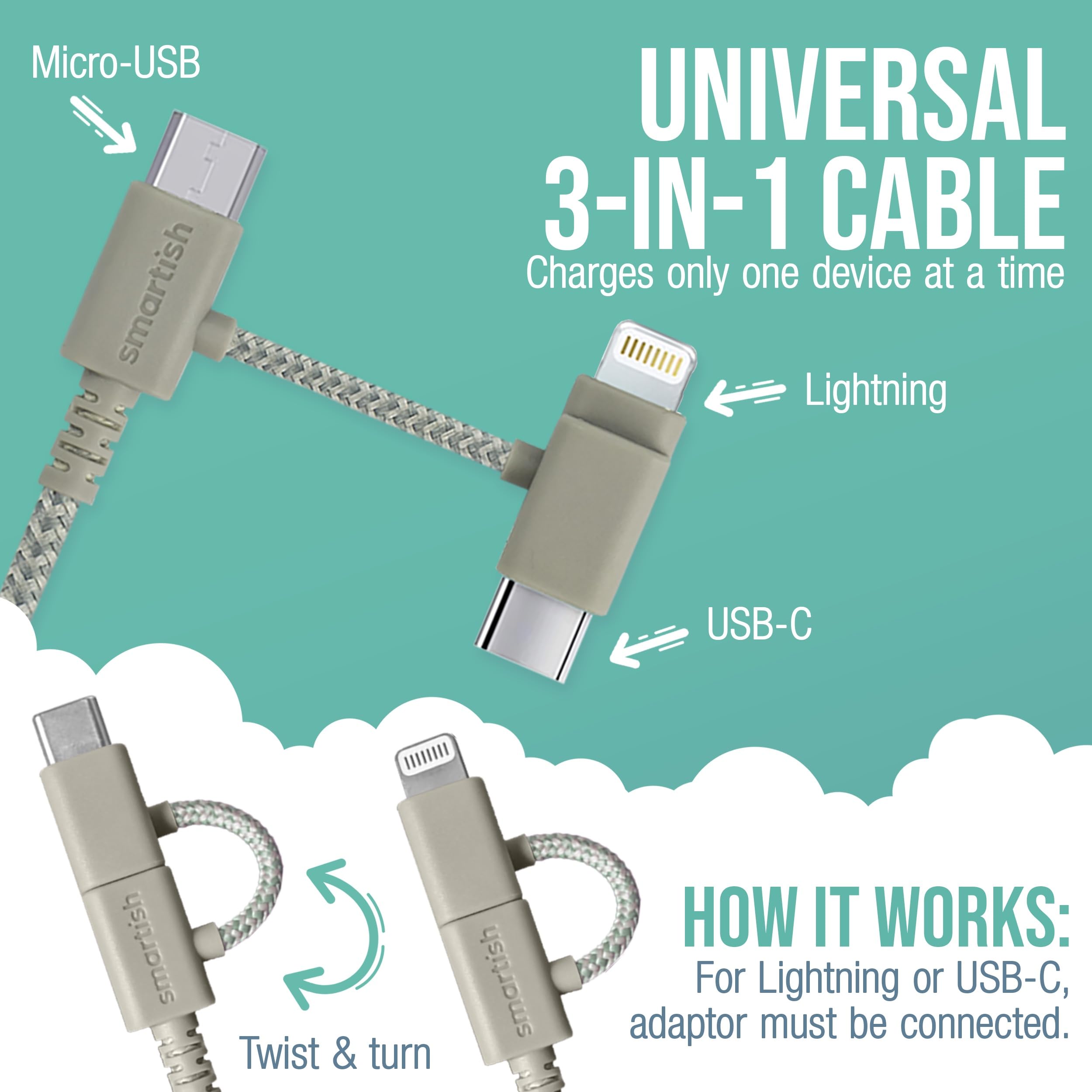 Premium MFi Certified USB-C/Lightning Cable for iPhone 16/15/14/13/12/SE - 6FT Fast Charging Braided Cord with Micro-USB Adapter - Compatible with iPhone, iPad, AirPods & Android Devices (Tan) - Perfect for Home, Office & Travel Charging