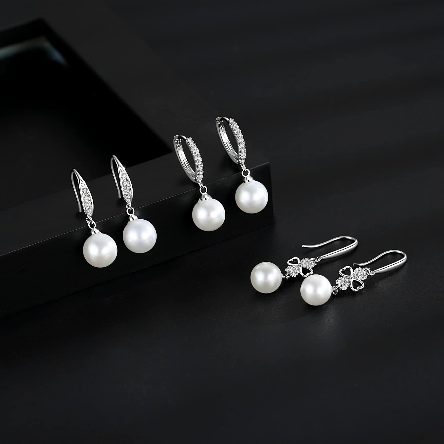 925 Sterling Silver Pearl Drop Earrings for Women – Hypoallergenic Cubic Zirconia Dangle Hoop Earrings Set | Perfect Gift for Mother, Brides & Special Occasions