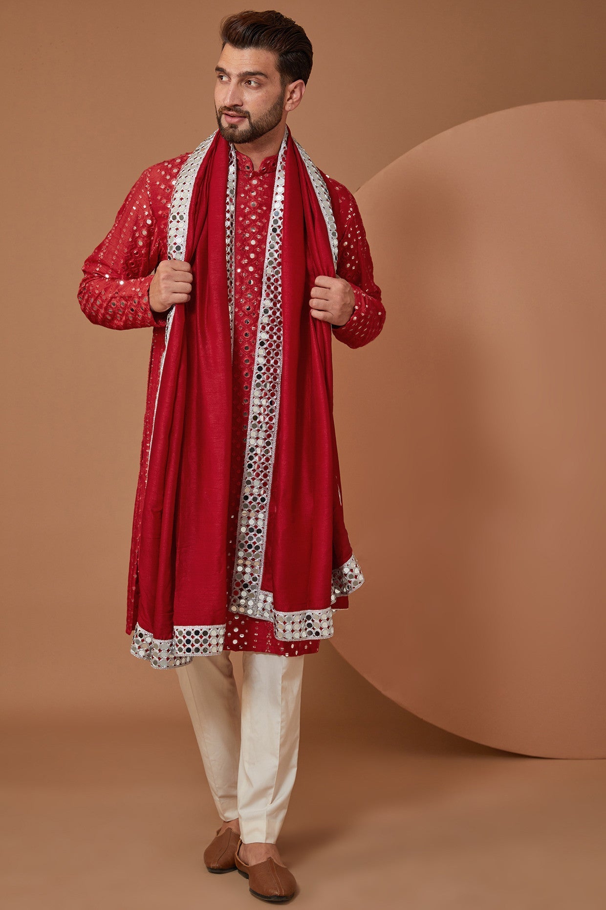 Elegant Red Mirror Work Kurta with Stole - Traditional Indian Embroidered Tunic for Women - Perfect for Festivals, Weddings & Special Occasions