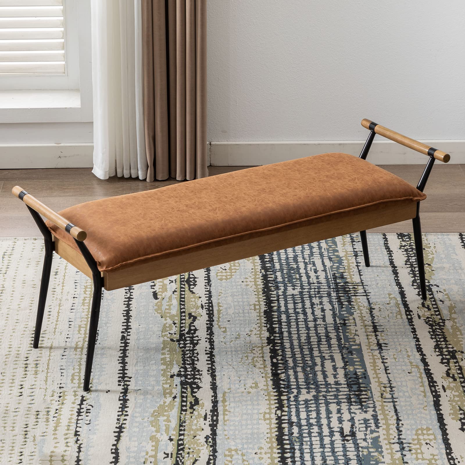Modern Rectangle Ottoman Bench with Arms & Metal Legs - Mid Century PU Dining Table Bench, Footstool & Entryway Shoe Storage - Perfect for Living Room, Bedroom & Dining Room - Brown