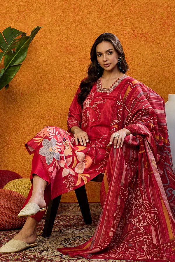 Elegant Red Silk Blend Floral Printed Straight Suit Set for Women | Office Wear & Formal Occasions | Perfect for Business Meetings, Weddings & Special Events