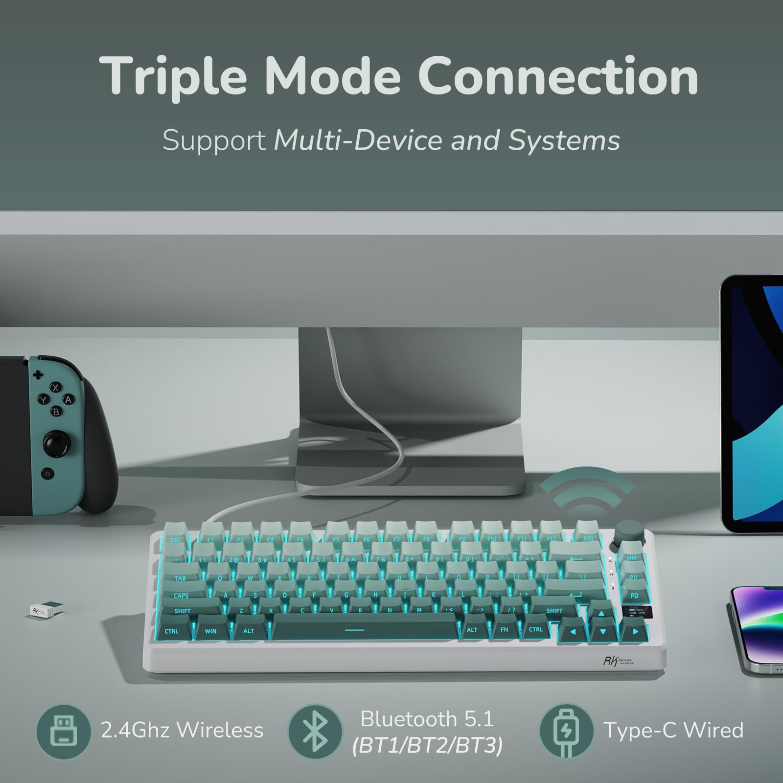 RK ROYAL KLUDGE M75 Wireless Mechanical Gaming Keyboard - 75% Compact 81 Keys with OLED Display, Rotary Knob & RGB Backlit | 2.4GHz/BT5.1/Wired Triple Mode | Hot-Swappable Cloud Switch & Gasket Mount | PBT Side-Printed Keycaps for PC/Mac Gaming & Office Typing