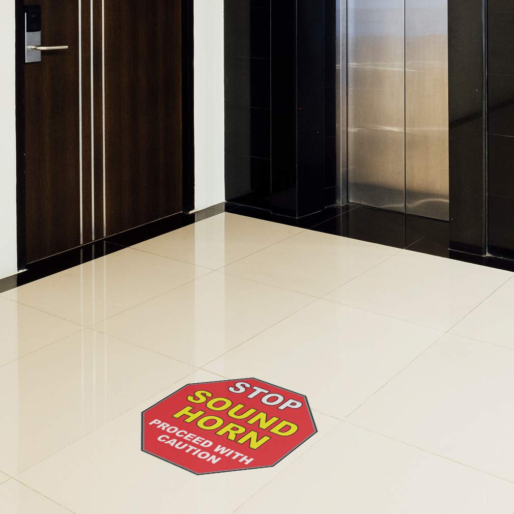 Red Anti-Slip Stop Floor Decals - 36 Inch Round Industrial Safety Signs with Sound Horn Warning | Caution Proceed Stickers for Warehouse, Factory & Construction Site Safety