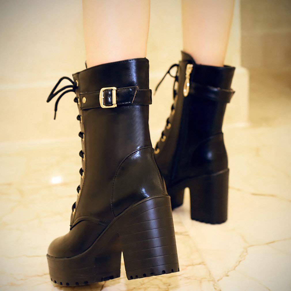 Parisuit Women's Chunky Heel Combat Boots - Lace Up Ankle Boots with Buckle Detail, Platform Goth Motorcycle Shoes for Women | Perfect for Punk Fashion, Night Out & Street Style