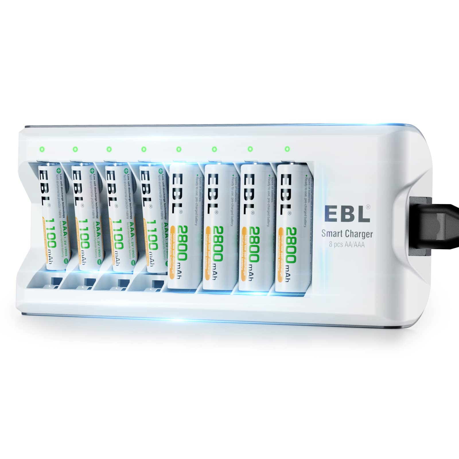 EBL 8-Slot Smart Battery Charger with 4 AA & 4 AAA Ni-MH/Ni-CD Rechargeable Batteries - Individual Charging, 1.2V DC Output - Perfect for Cameras, Game Controllers & Household Electronics
