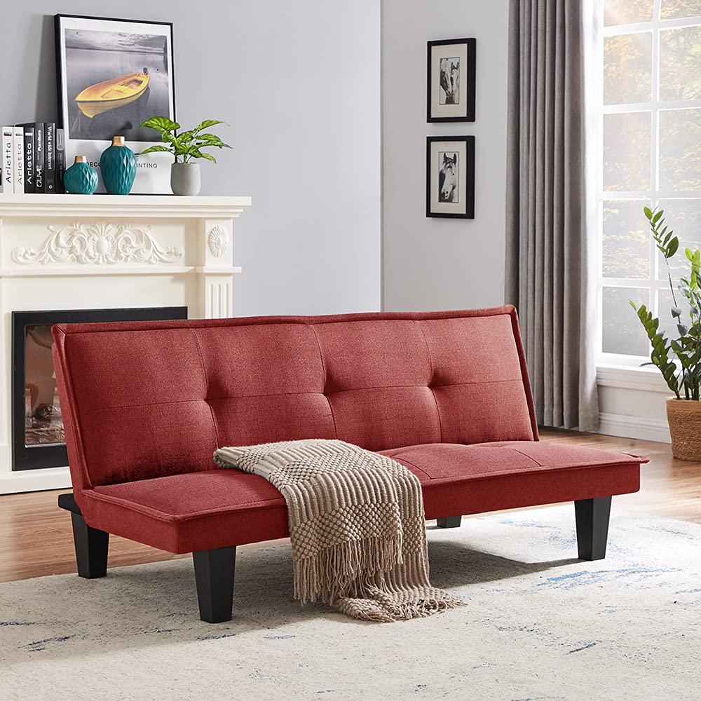 Modern Fabric Futon Sofa Bed - Convertible Folding Sleeper Couch for Living Room, Guest Room & Small Spaces (Red) - Perfect for Apartments, Dorms & Multi-Purpose Use