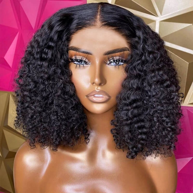 Eullair 13x4 Full Frontal Short Straight Bob Wig with Curly Lace - 100% Human Hair Wigs for Women & Girls - Perfect for Daily Wear, Cosplay & Fashion Styling