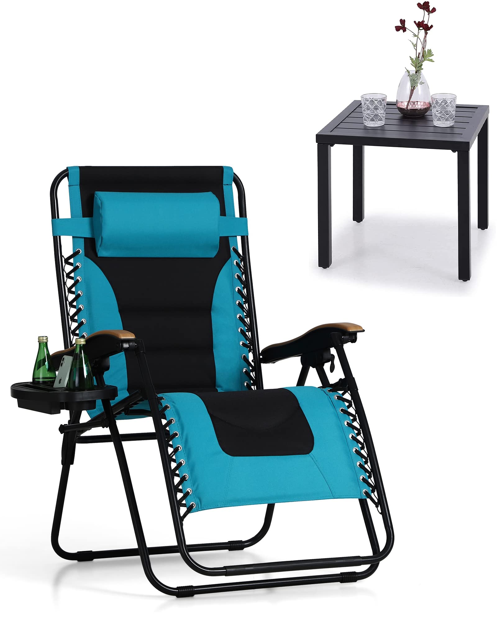 PHI VILLA Outdoor Adjustable Zero Gravity Lounge Chair with Side Table & Pillow - Portable Folding Recliner for Patio, Poolside, Beach & Backyard Relaxation - Aqua Blue
