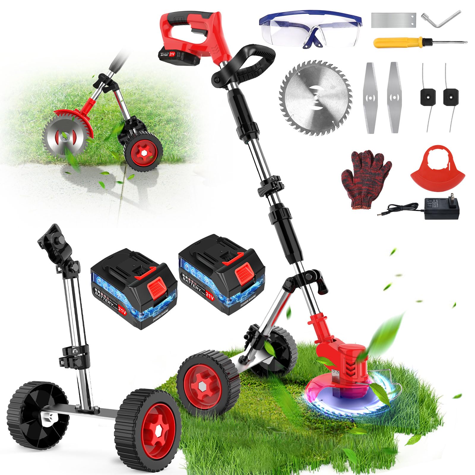 21V 2000mAh Cordless Electric Weed Wacker with 2 Batteries & Charger - 3-in-1 Wheeled String Trimmer, Lawn Edger and Grass Cutter - Perfect for Backyard Maintenance, Garden Trimming and Landscape Edging