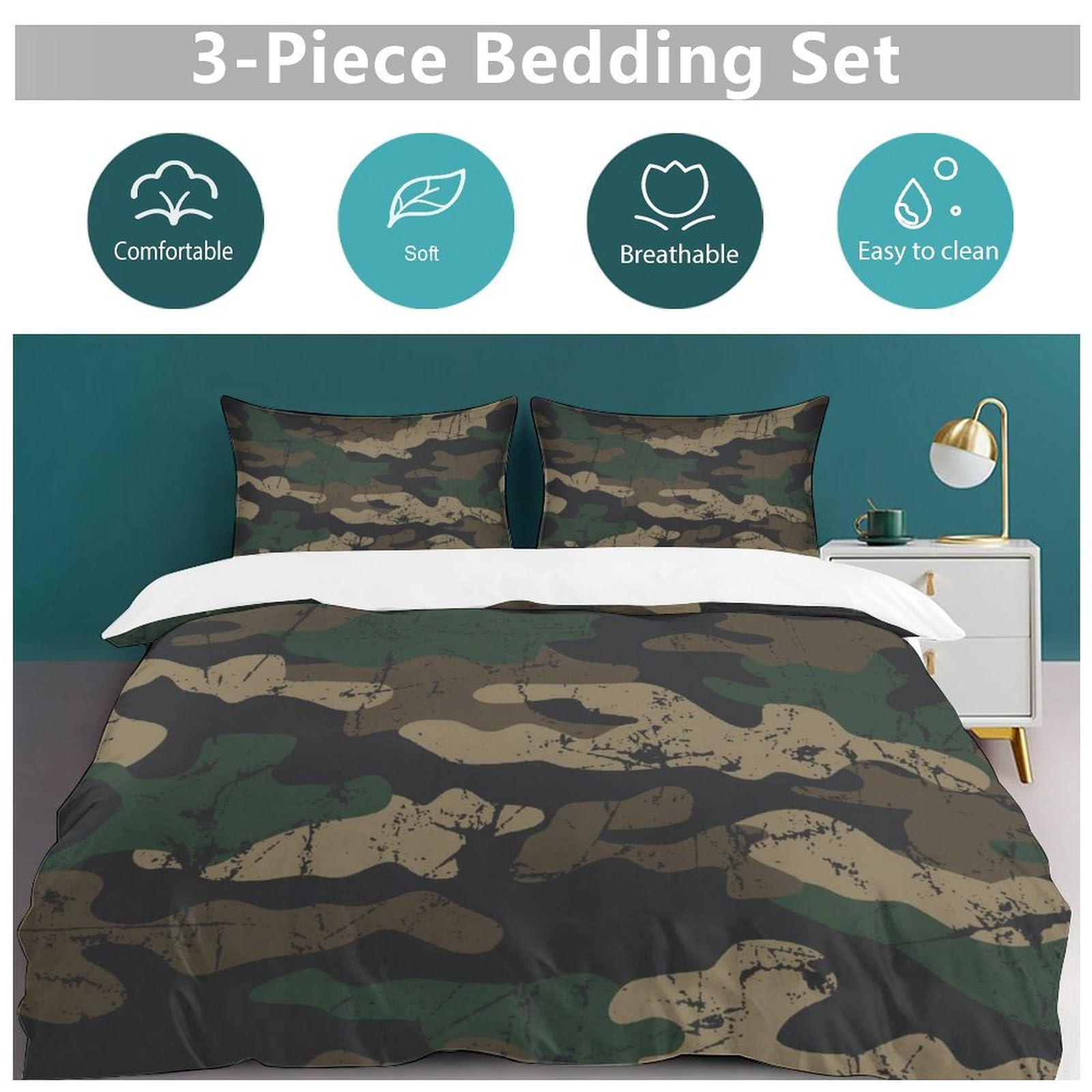 Camo Camouflage 3-Piece Comforter Set - Soft Queen Size Bedding (90