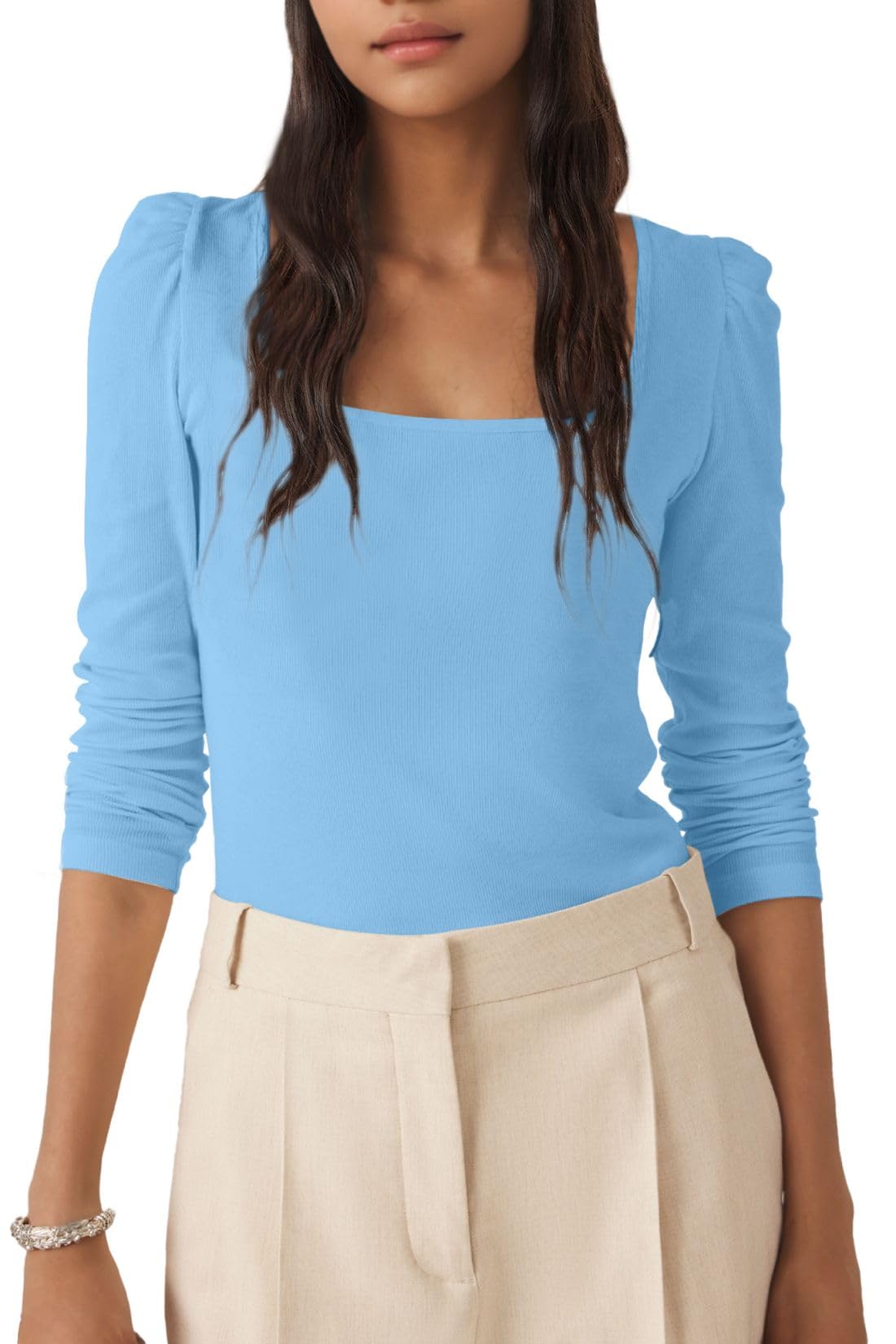 Allimy Women's Long Sleeve Basic Tees - Square Neck Ribbed Slim Fit Tops for Fall | Casual Wear, Layering & Office Outfits