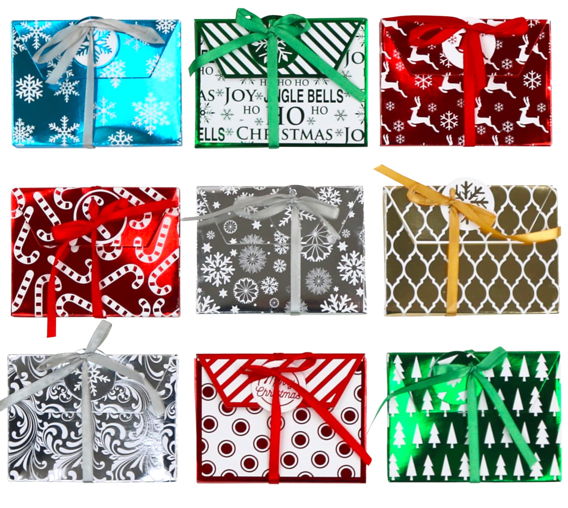 Premium Christmas Gift Card Holder Boxes - Set of 9 Foil Embossed Holiday Card Holders with Ribbon for Christmas Gifts, Party Favors & Stocking Stuffers