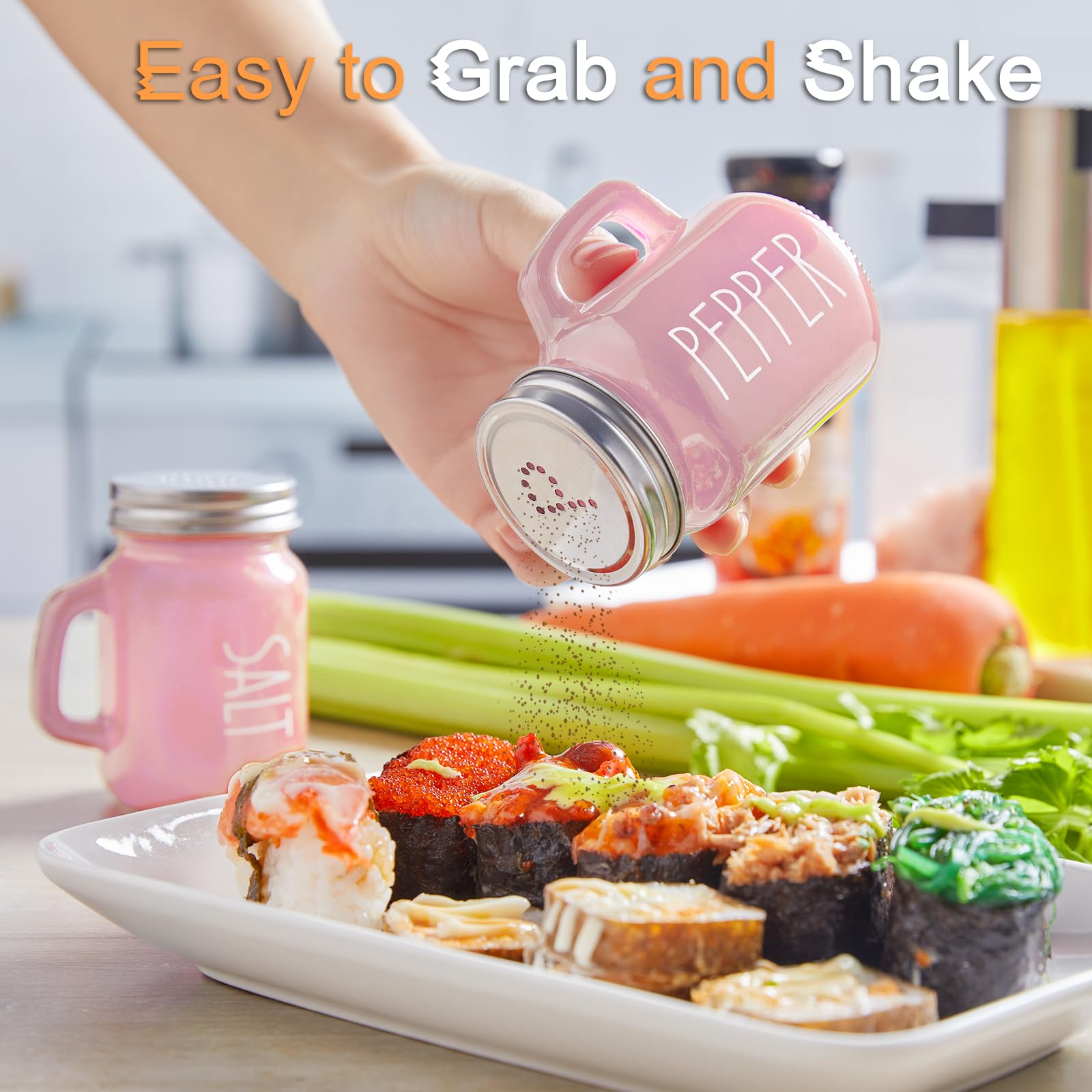 Premium Pink Salt and Pepper Shakers Set - 4 oz Glass Kitchen Accessories for Cooking, Dining Table, RV, BBQ - Easy to Clean & Refill - Perfect for Home, Restaurant, and Outdoor Use