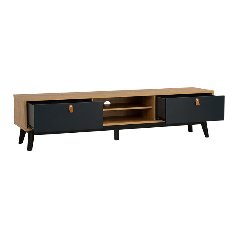 CASTOR 180cm Entertainment TV Stand with Storage - Natural Wood, Navy Blue & Black Finish - Perfect for Living Room, Bedroom & Home Theater Setup