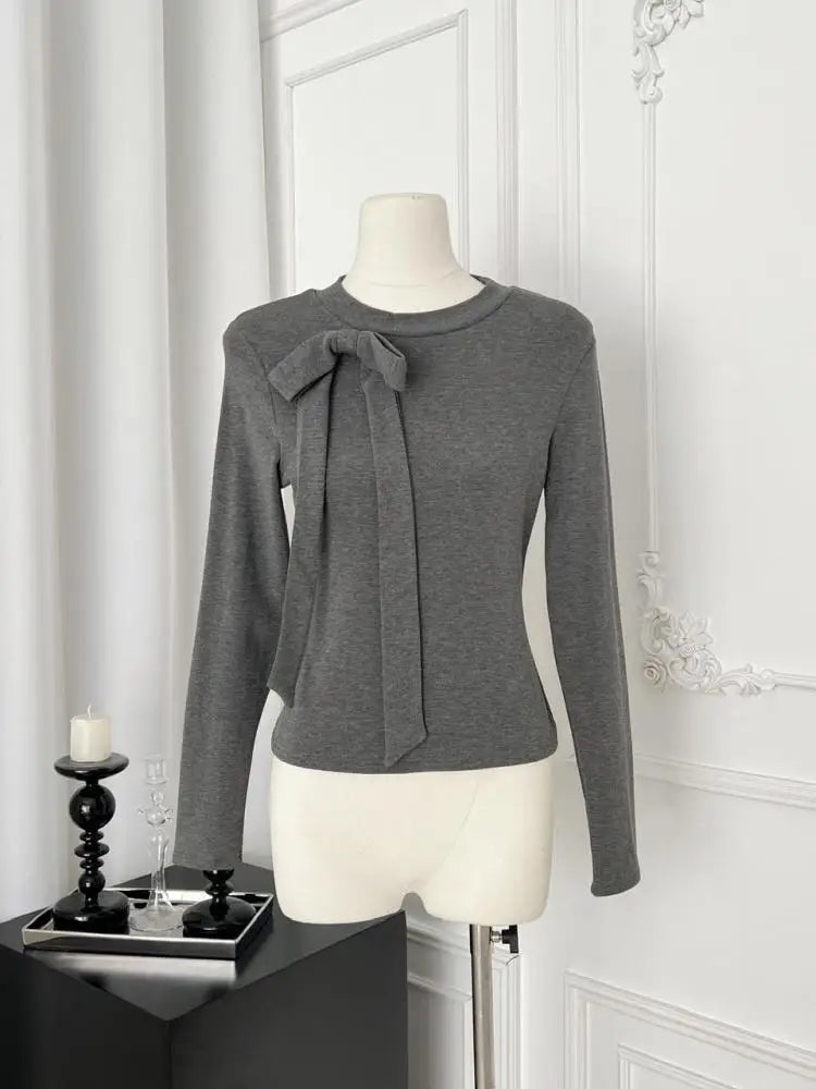 2024 Autumn Women's Fashion French Two-Piece Set - Grey Bow Long Sleeve Top + Square Neck High Waist Dot Wrap Mini Dress | Office Wear & Date Night Outfits