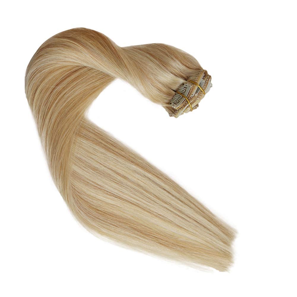 Remy Clip in Hair Extensions 12 Inch - Soft Real Human Hair, Balayage Natural Beige Blonde with Bleach Blonde Highlights (70g, 7Pcs) for Women - Perfect for Volume, Length & Styling for Parties, Weddings & Daily Wear