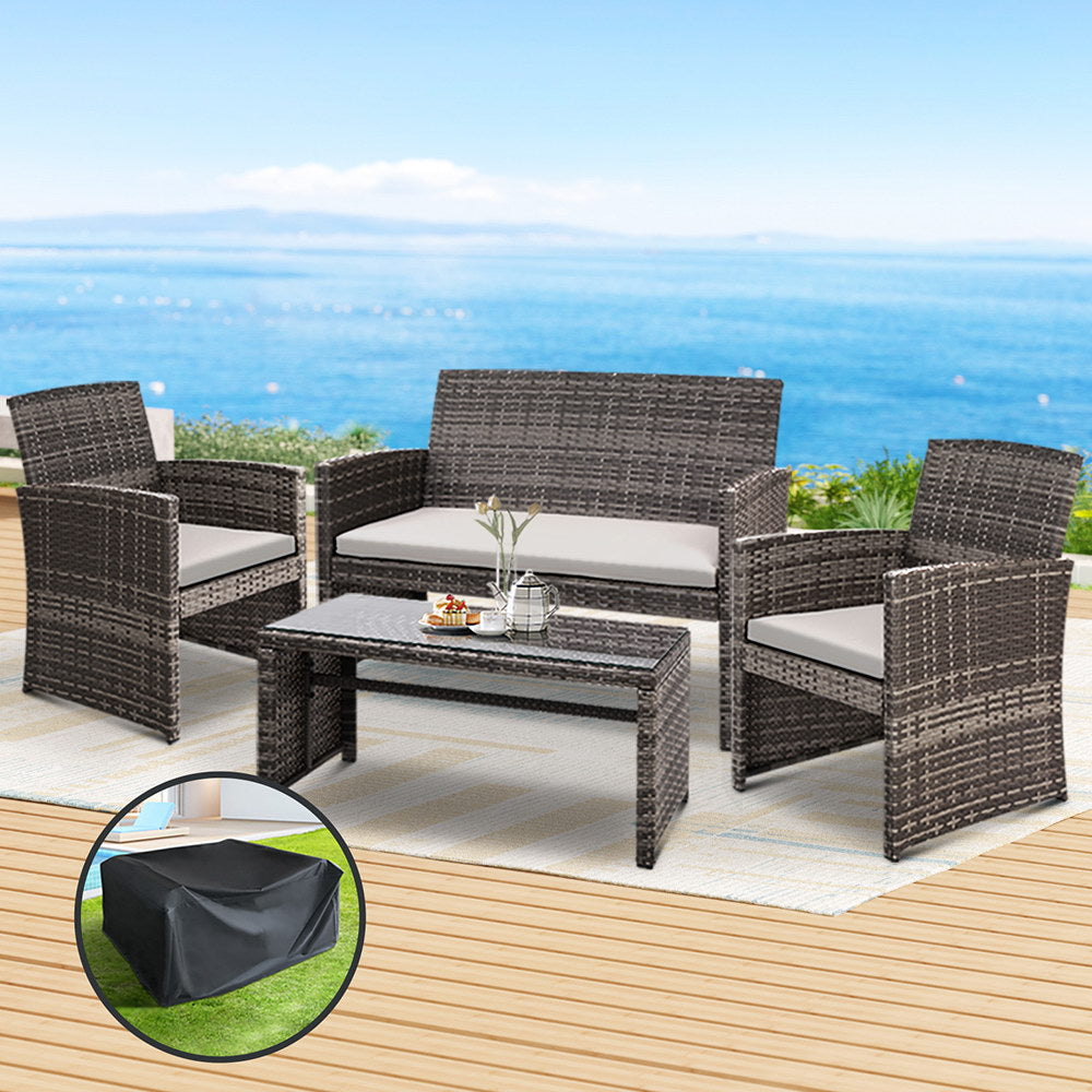 4-Piece Outdoor Rattan Sofa Set with Storage Cover - Waterproof Grey Patio Furniture for Garden, Backyard, and Poolside Relaxation