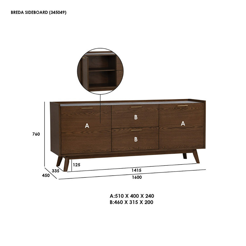 BREDA 160cm Walnut Sideboard Buffet - Modern Dining Room Storage Cabinet for Kitchen, Living Room & Entryway Organization