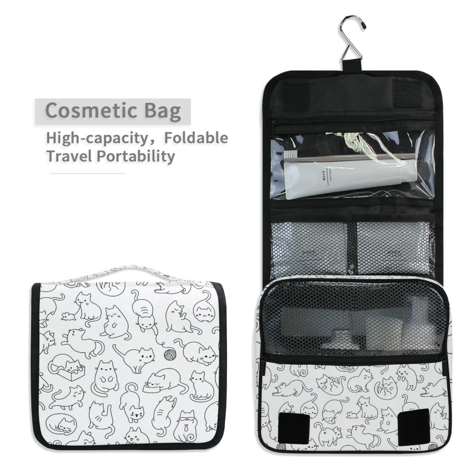Moyyo White Cartoon Cats Hanging Travel Toiletry Bag - Waterproof Cosmetic Makeup Organizer for Women & Men - Portable Wash Bag for Gym, Camping, Business Trips & Vacation - Perfect Toiletry Organizer for Kids & Adults