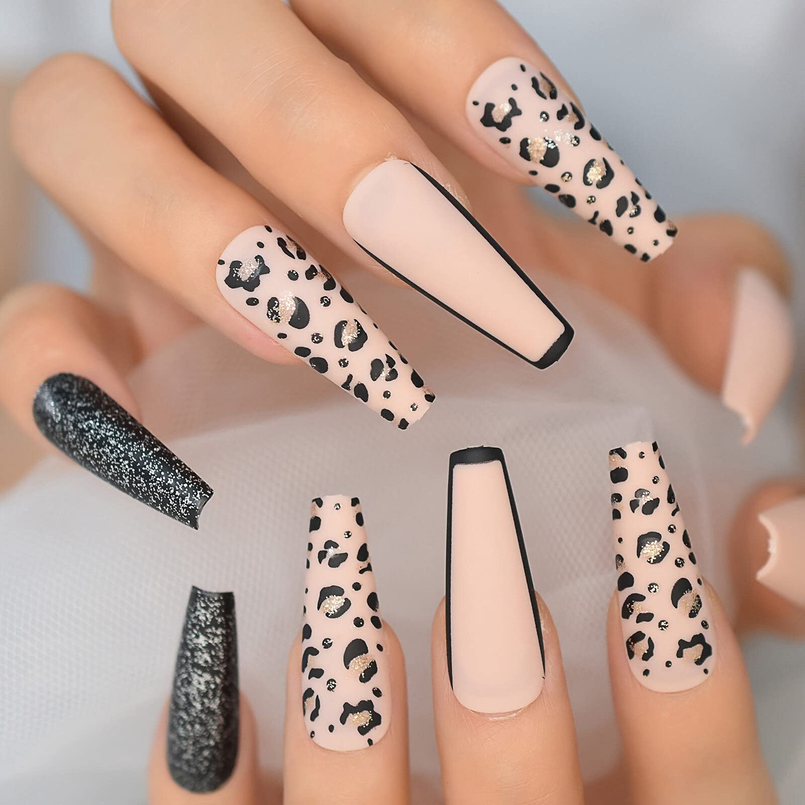 Extra Long Beige Press On Nails with Leopard Matte Design - Full Cover Acrylic False Nails with Glitter Tips for Manicure | Perfect for Parties, Weddings & Special Occasions