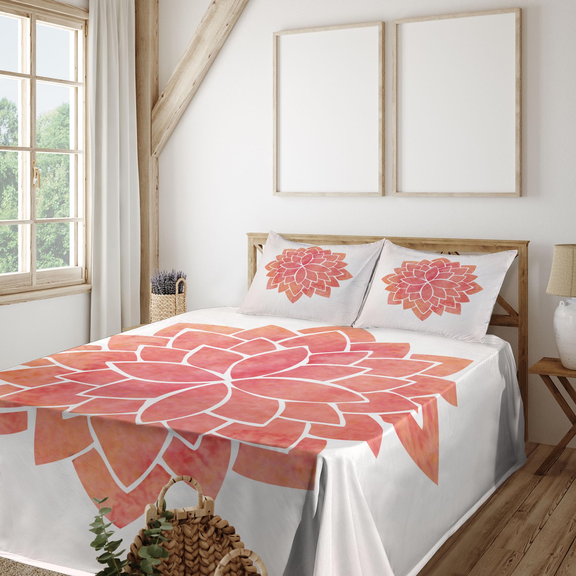 Ambesonne Floral Bed Sheet Set - 4 Piece King Size with Fitted Sheet, Flat Sheet & Pillowcases | Lotus Flower Japanese East Blossom Art Design in Coral White & Salmon | Perfect for Master Bedroom, Guest Room & Bohemian Home Decor