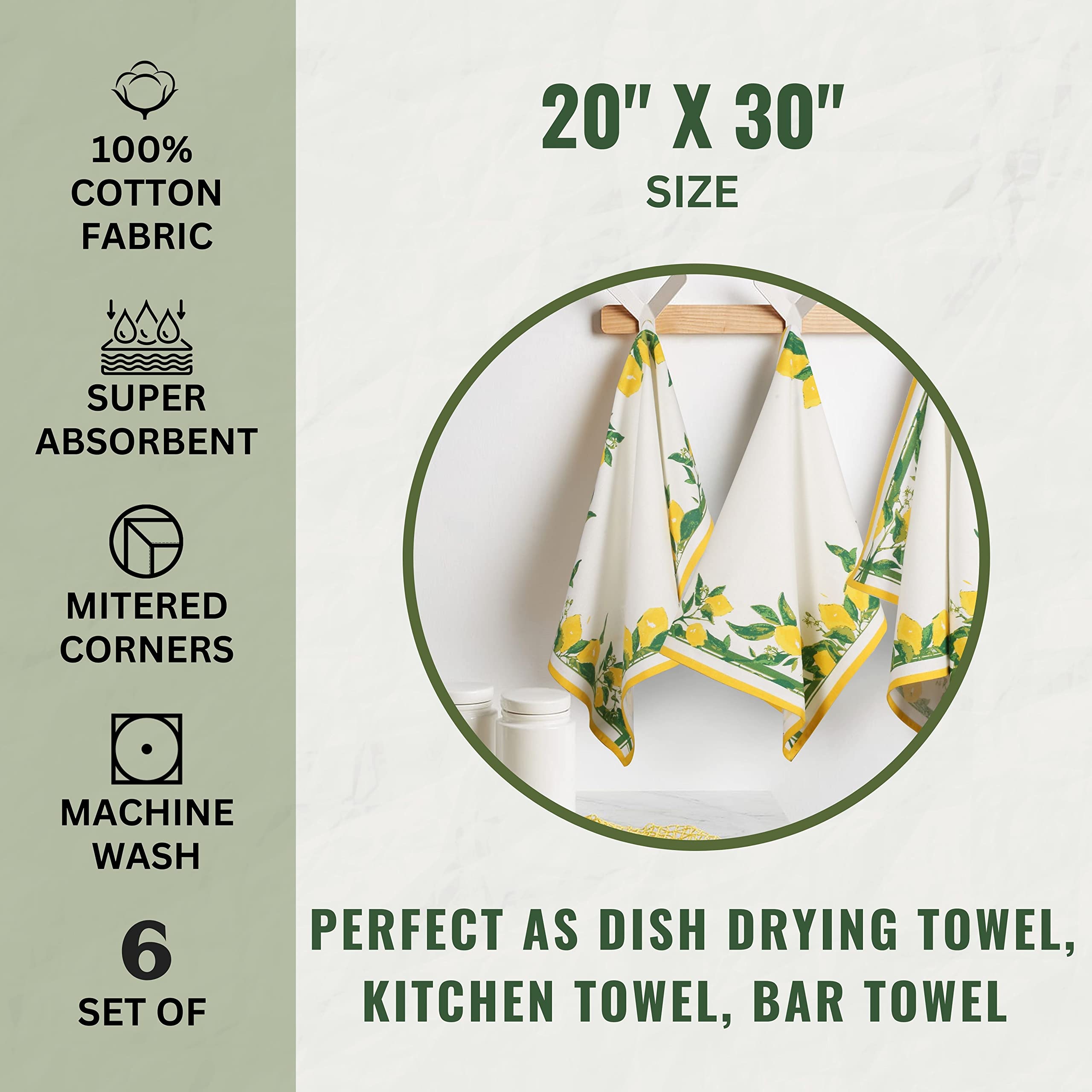 Premium 100% Natural Cotton Kitchen Towels Set of 6 - Super Soft & Highly Absorbent Multi-Purpose Dish Cloths (20x30 Inches) - Lemon Print for Cooking, Cleaning & Drying Dishes - Ideal for Home, Restaurant & Commercial Kitchens