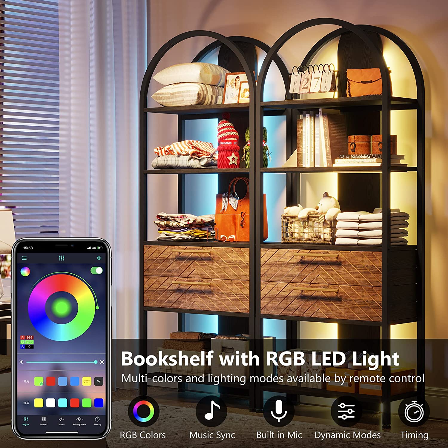 4-Tier Industrial Bookshelf with 2 Storage Drawers & LED Lights - Sturdy Metal Bookcase for Living Room, Office, or Bedroom Organization