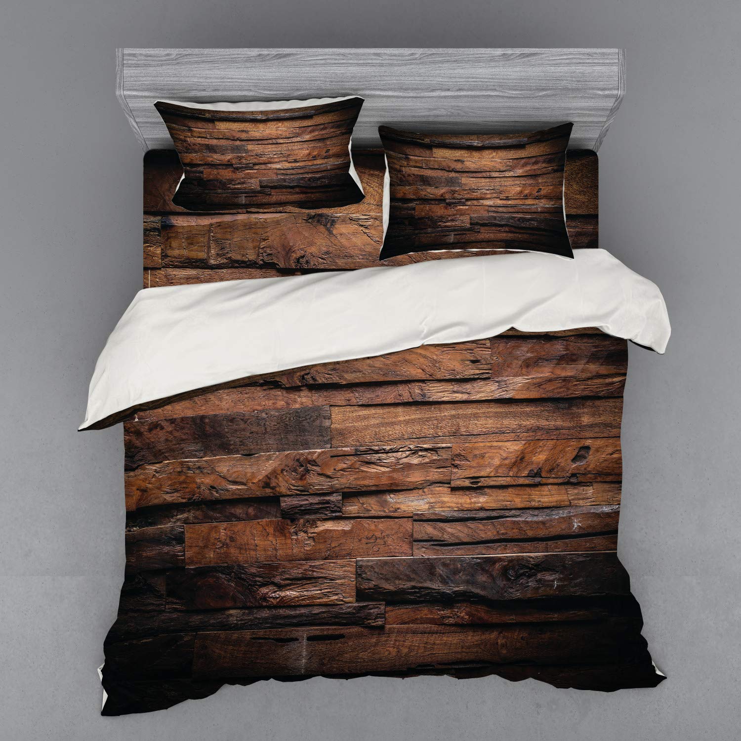 Ambesonne Chocolate Brown Bedding Set - King Size 4 Piece Duvet Cover with Shams & Fitted Sheet, Rustic Dark Timber Texture, Country Theme Hardwood Design for Cozy Bedroom Decor & Farmhouse Style Home