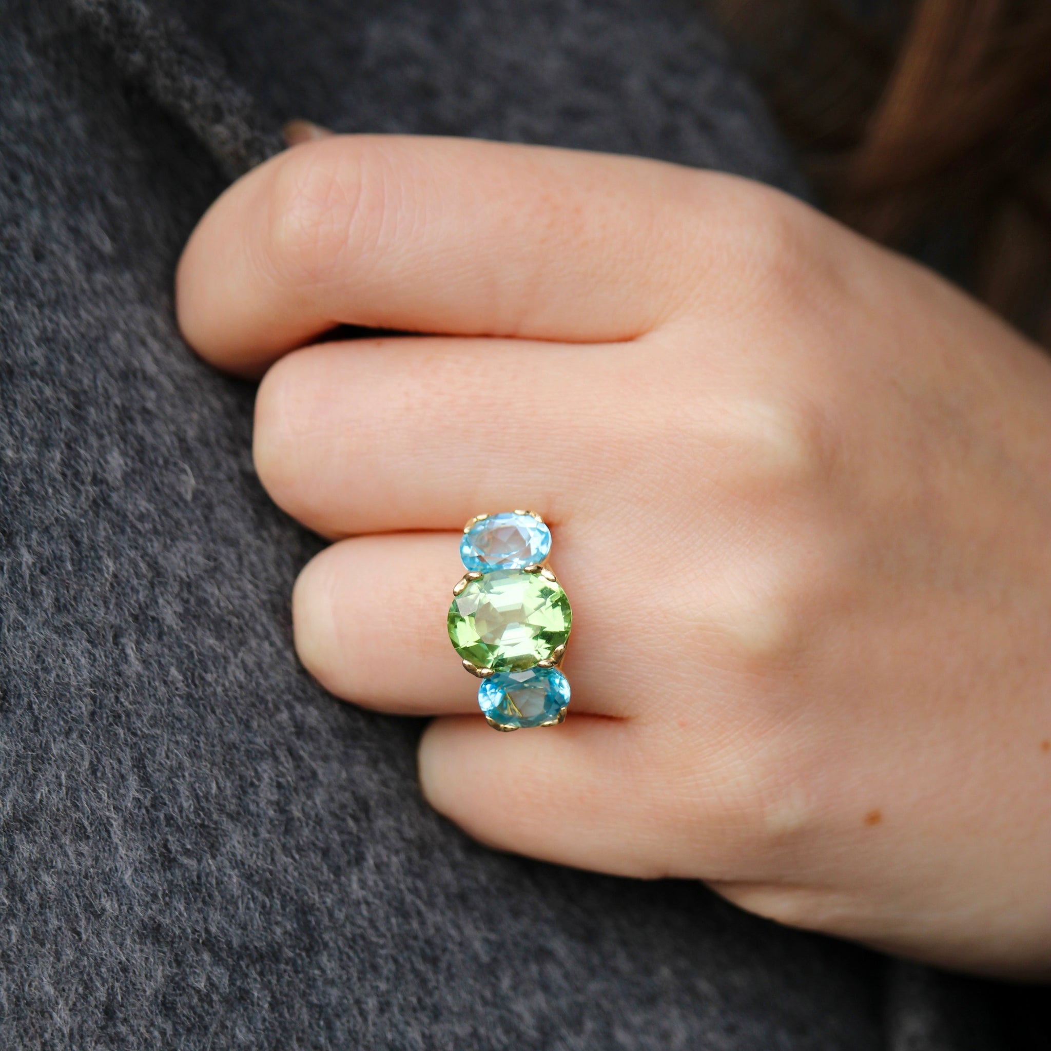 14K Gold Green Tourmaline & Blue Topaz River Ring for Women - Elegant Stackable Jewelry for Everyday Wear, Gift for Her, Wedding, Anniversary & Special Occasions