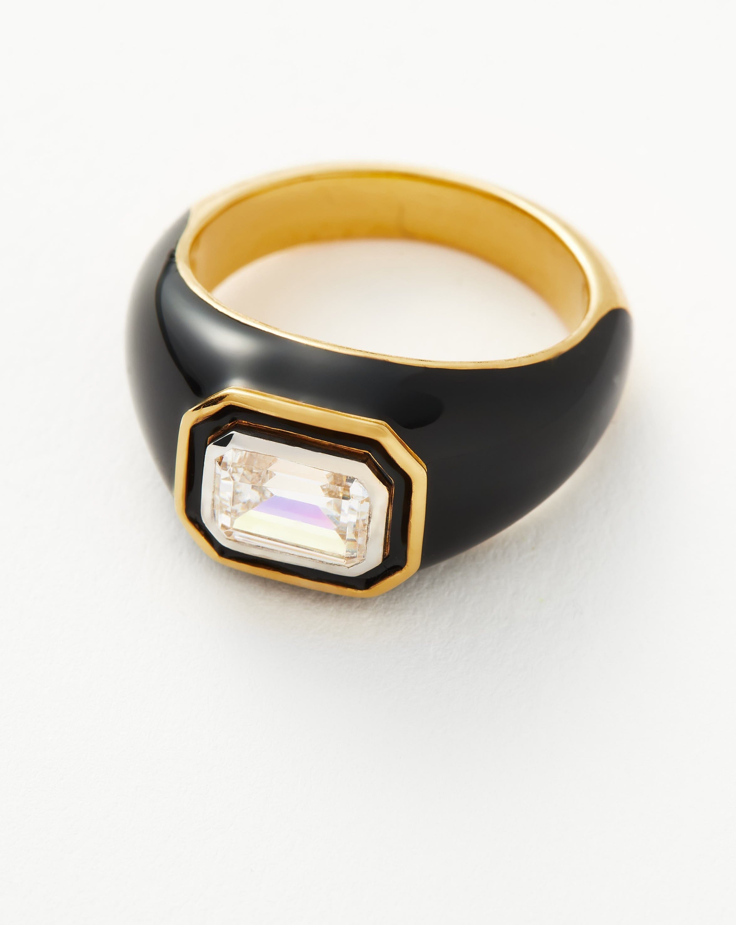 18k Gold Vermeil & Black Stone Dome Statement Ring - Elegant Enamel Jewelry for Women | Perfect for Parties, Weddings, and Special Occasions