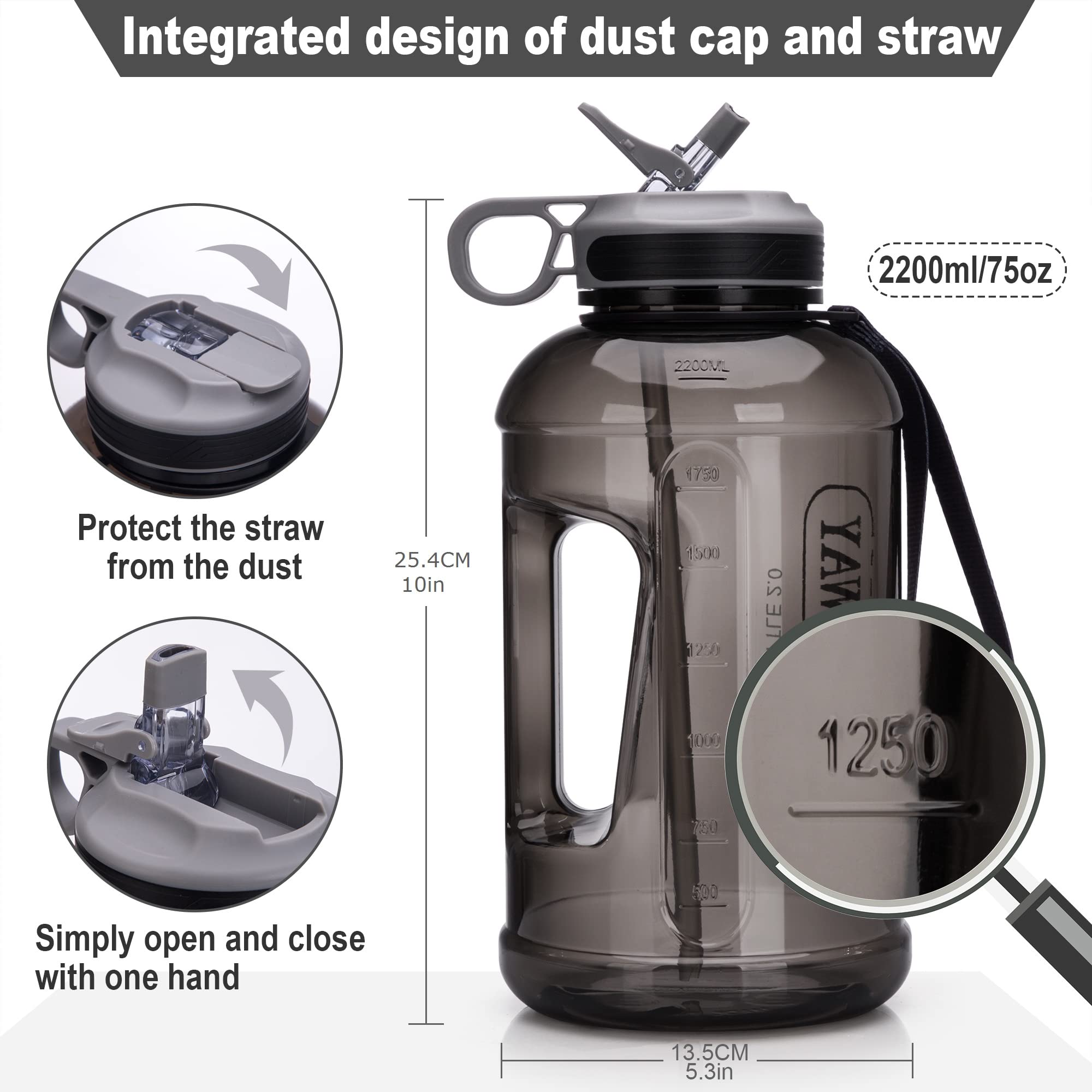 **2.2L (74oz) Large Half Gallon Water Bottle with Straw & Handle - Leakproof, BPA Free Sports Water Jug for Camping, Hiking, Gym & Outdoor Activities (Black)**