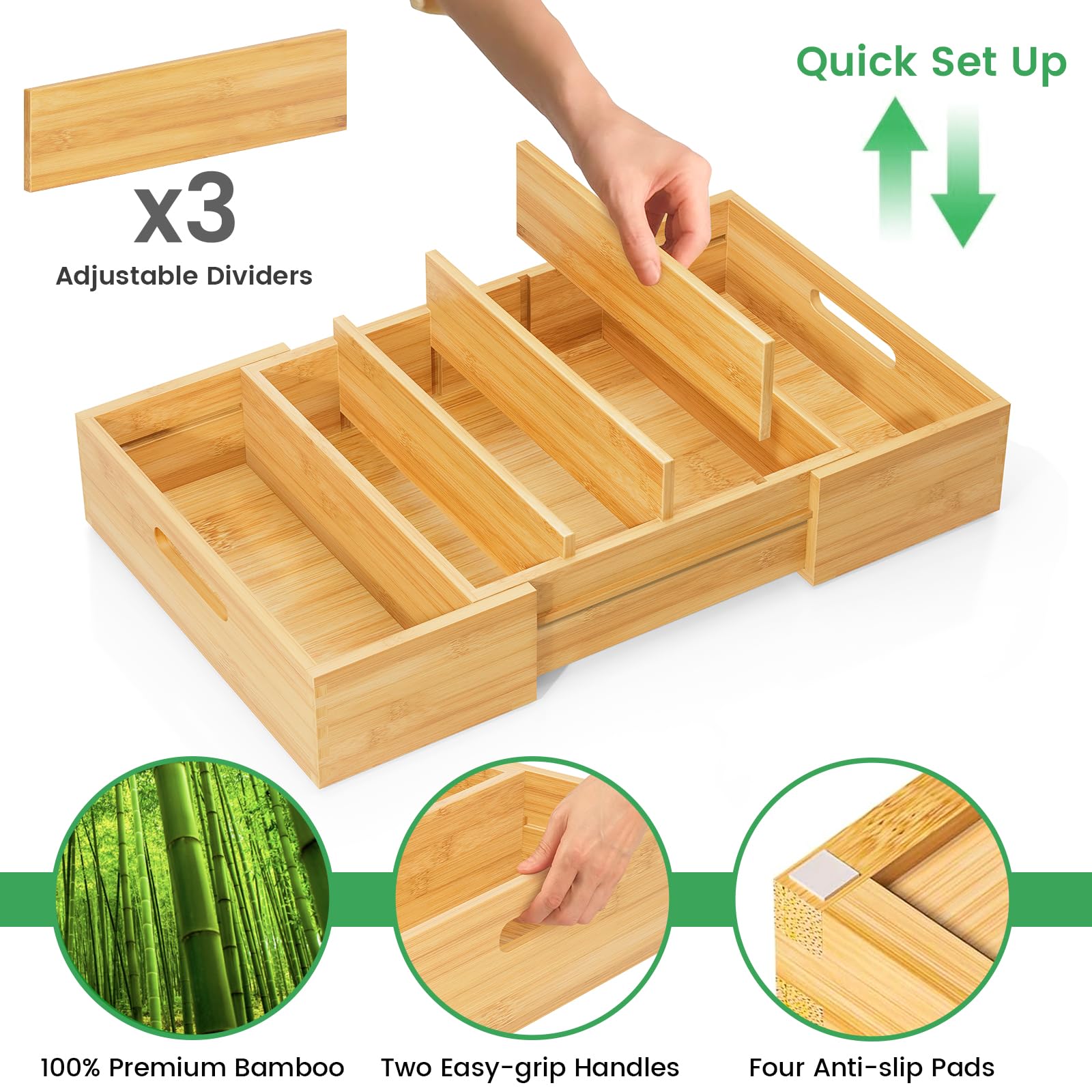 Expandable Bamboo Drawer Organizer for Kitchen Cabinets - Adjustable Lid Storage with 3 Dividers - Plastic Food Container & Tupperware Lid Holder - Perfect for Pantry Organization & Space Saving