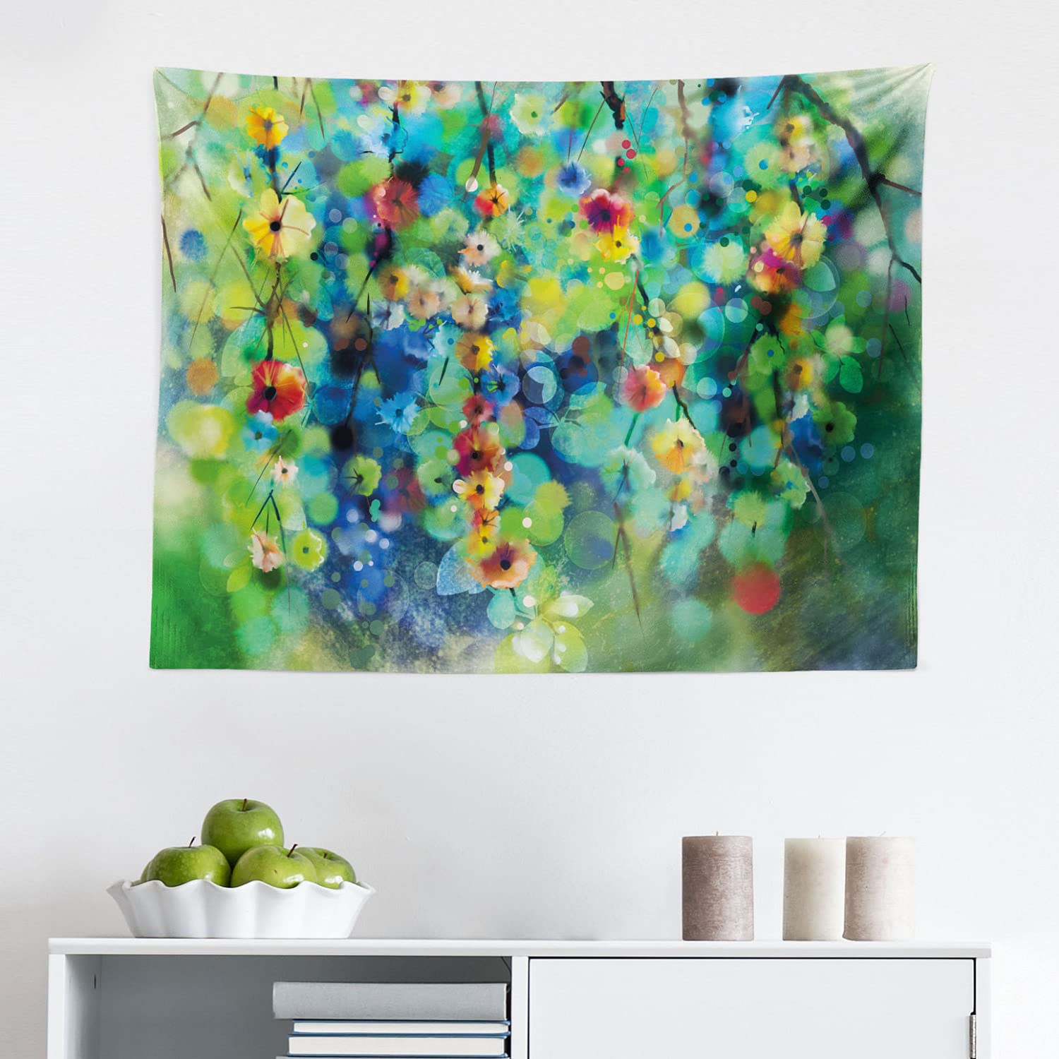 Ambesonne Floral Tapestry Wall Hanging - Vibrant Spring Flower Design in Green & Blue, 28x23 Inch Fabric Decor for Bedroom, Living Room, Dorm - Perfect for Boho Home Decor & Seasonal Room Refresh