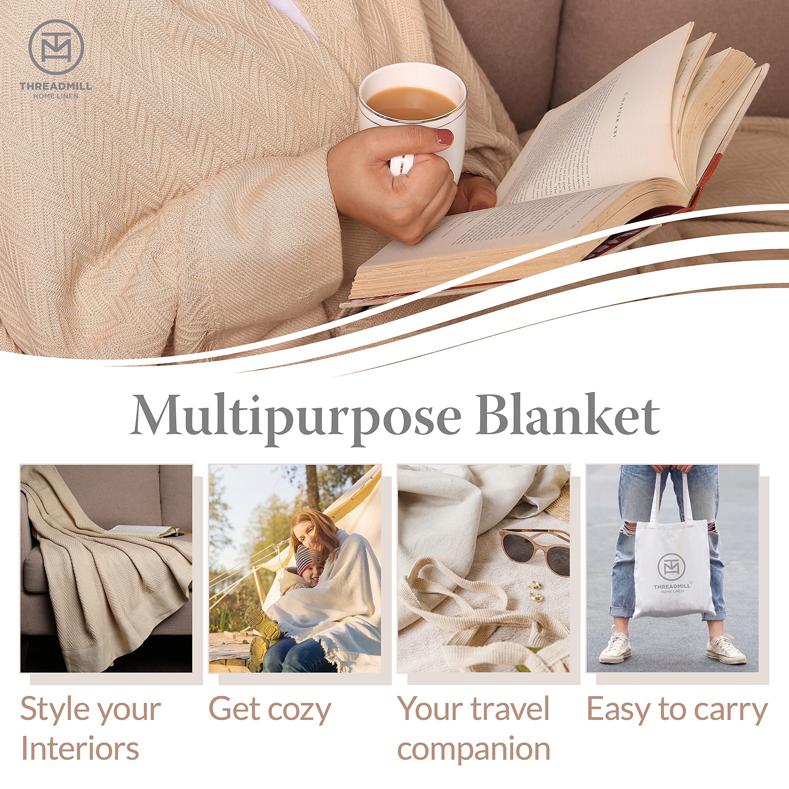 Luxury 100% Cotton Twin Size Blanket - All-Season Soft & Cozy Herringbone Thermal Blanket for Bed (350GSM, 68x92 inches, Scottish Grey) | Perfect for Fall, Winter & Year-Round Comfort | Ideal for Home, Dorm, Guest Room & Cozy Nights