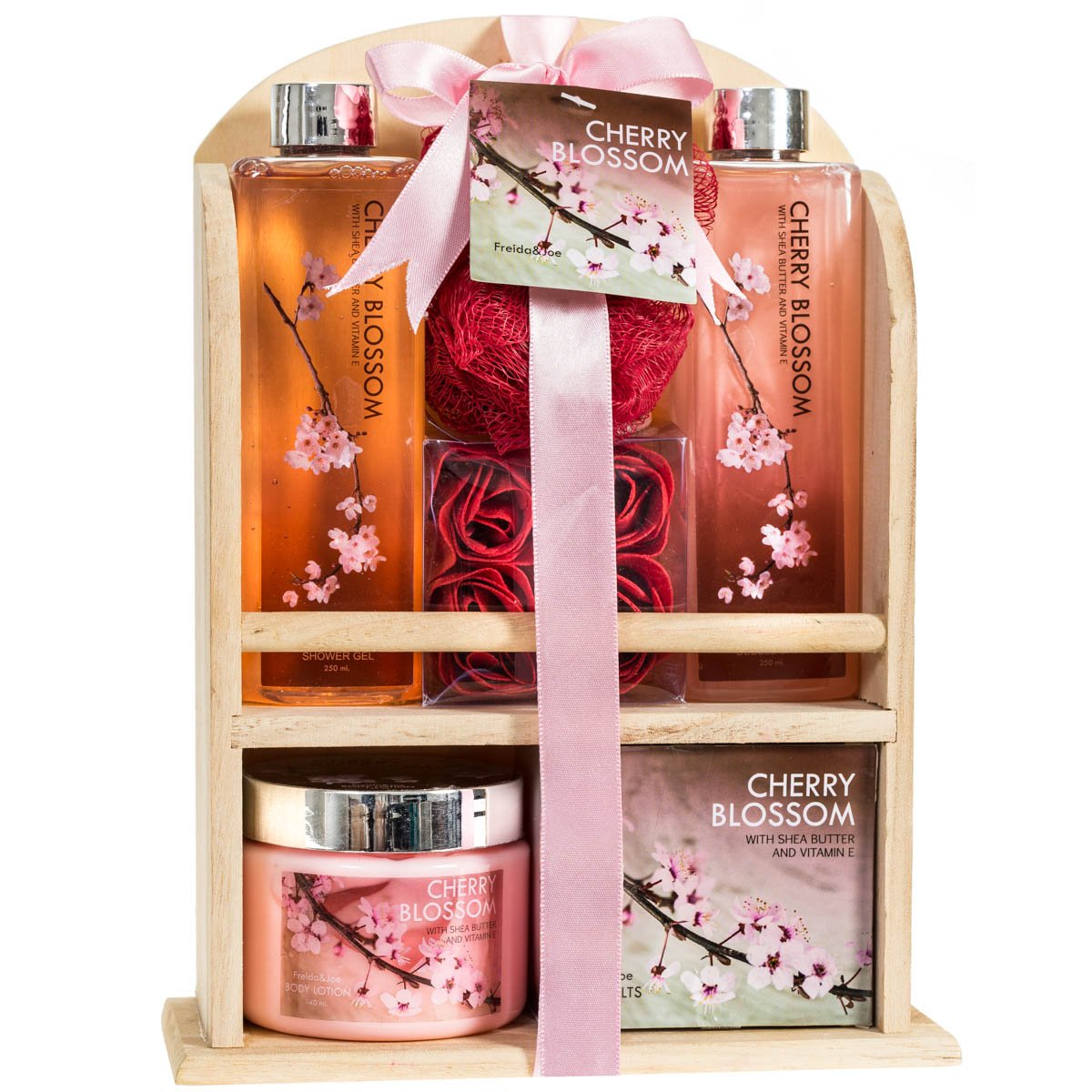 Premium Cherry Blossom Spa Gift Set for Women - Luxury Bath & Body Care Kit with Bubble Bath, Bath Salts, Body Lotion, Loofah & Rose Soaps in Wooden Box - Perfect for Valentine's Day, Mother's Day, Relaxation & Self-Care Gifts