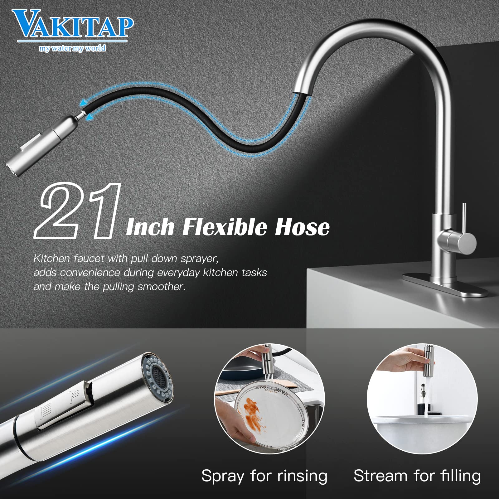 Brushed Nickel Kitchen Faucet with Pull-Down Sprayer - Single Handle Stainless Steel Sink Faucet for Modern Kitchens | Perfect for Home Renovation & Daily Cooking Use