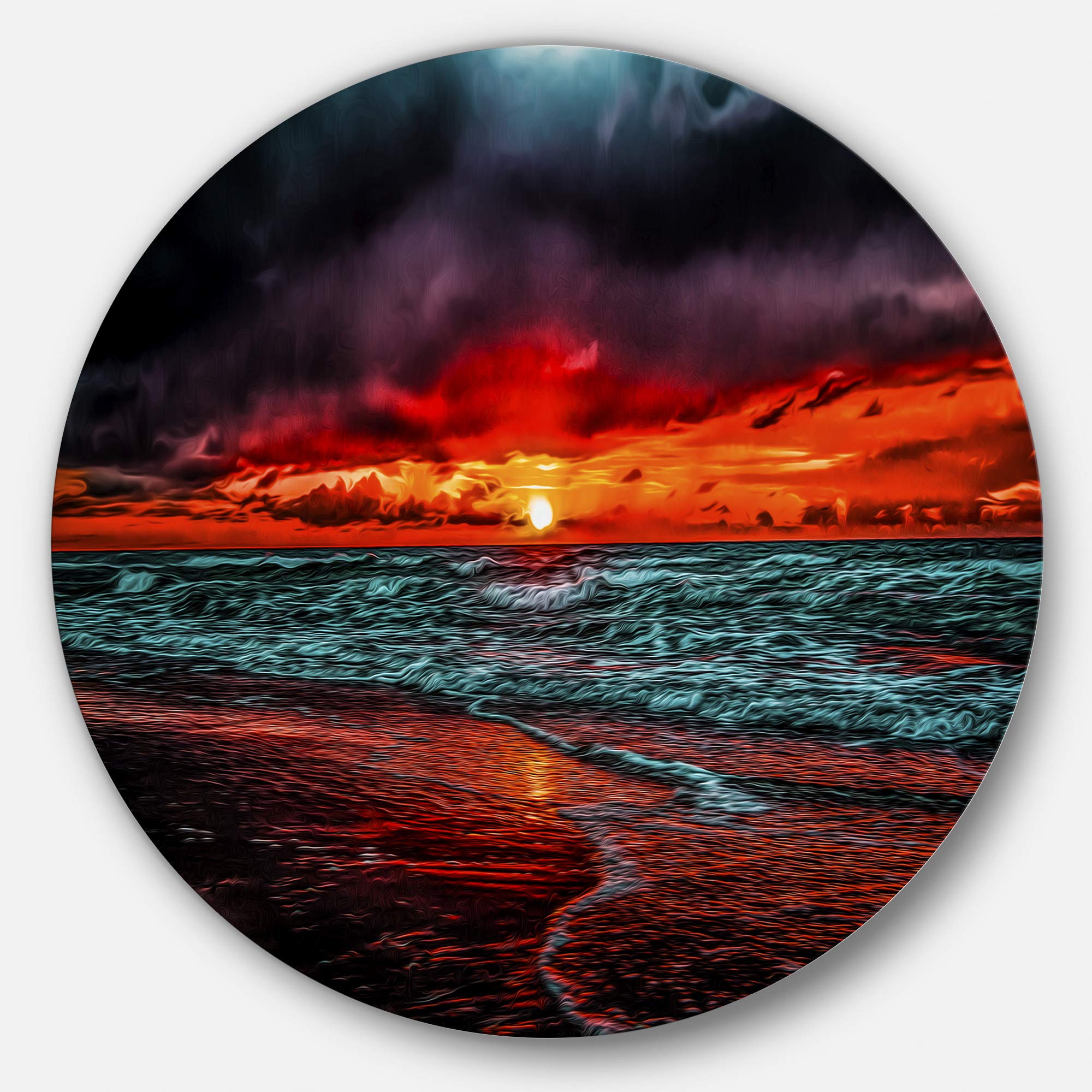 DesignArt Round Metal Wall Art - Red Sunset Over Blue Waters, Ultra Vibrant Seascape Decor for Living Room, Bedroom & Office | Durable Indoor Metal Wall Decor